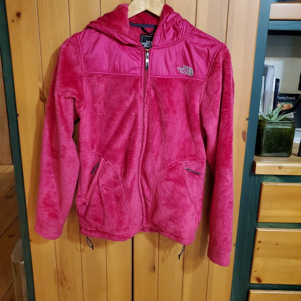 Hot pink fuzzy Northface Zip up jacket